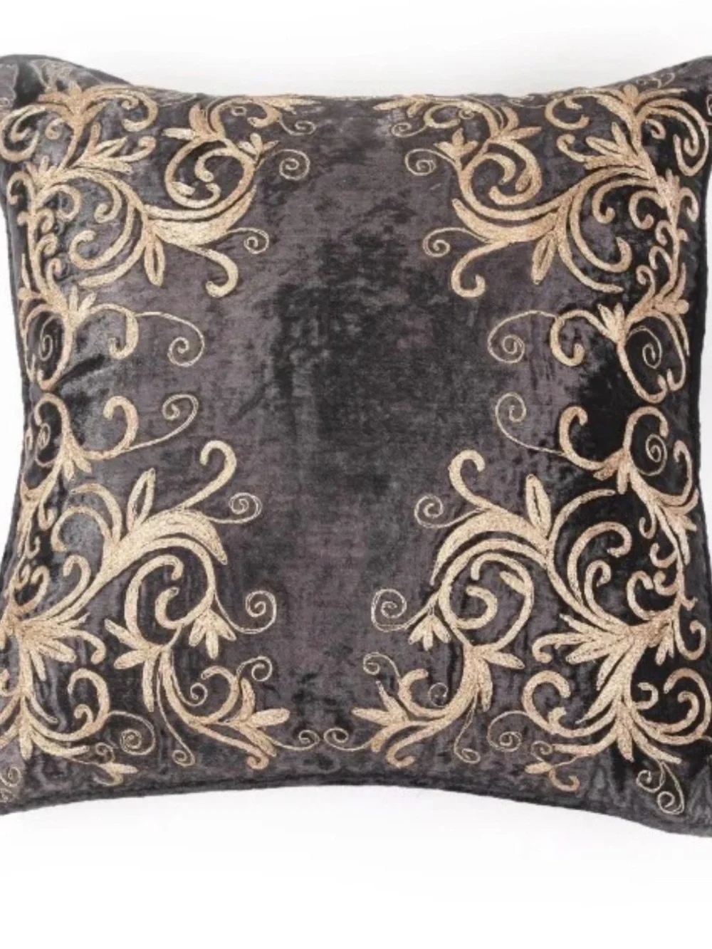 Decorative Velvet Throw Pillow with Gold Embroidered Scrolls - Gray